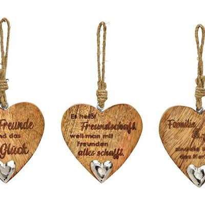 Corazón colgante con decoración de corazón de metal, inscripción, de madera de mango, triple, (ancho/alto/fondo) 10x10x2cm