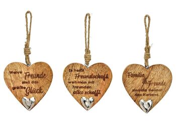 Coeur suspendu avec décor de cœur en métal, lettrage, en bois de manguier 3 fois, (L/H/P) 10x10x2cm