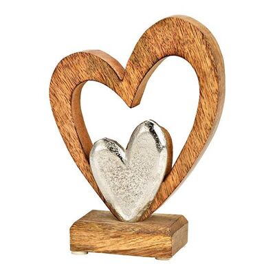 Supporto a forma di cuore con cuore in metallo, in legno di mango naturale (L/A/P) 13x17x5 cm