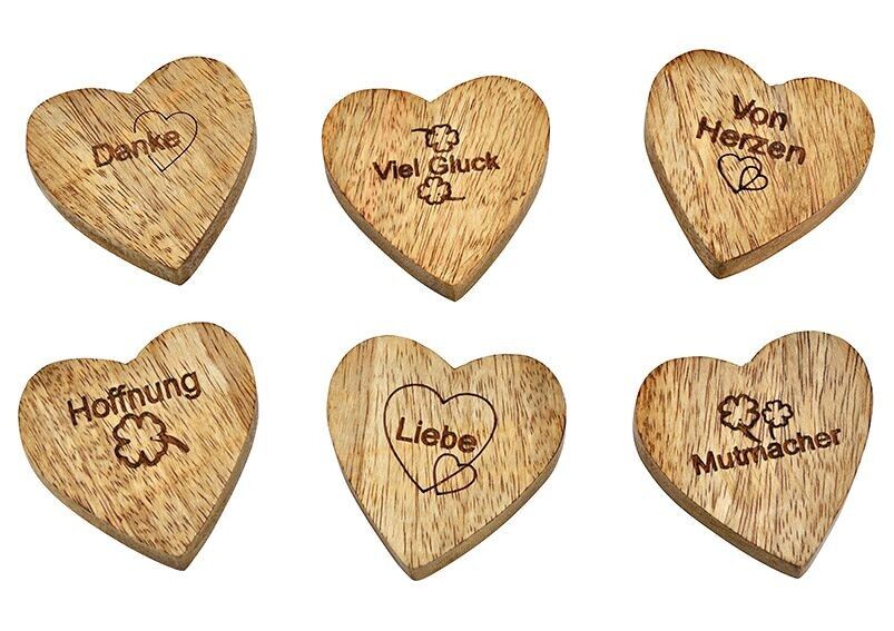Cuore con parole, amore, grazie, di cuore, buona fortuna, incoraggiamento, speranza, in legno di mango naturale 6 volte, (L/A/P) 6x1x6 cm