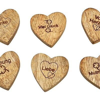 Corazón con palabras, amor, gracias, de corazón, buena suerte, ánimo, esperanza, de madera de mango natural 6 veces, (An/Al/Pr) 6x1x6cm