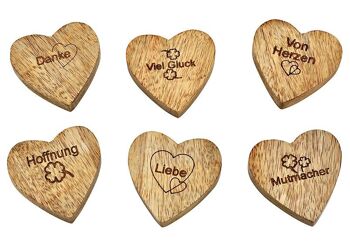 Coeur avec mots, amour, merci, du cœur, bonne chance, encouragement, espoir, en bois de manguier naturel 6 fois, (L/H/P) 6x1x6cm