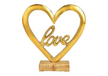 Support Heart Love, sur socle en bois de manguier, en métal doré (L/H/P) 18x19x5cm