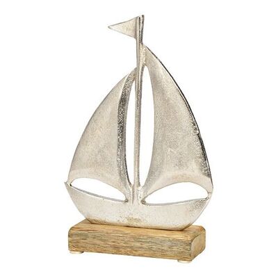 Supporto per barca a vela su base in legno di mango, in metallo argentato (L/A/P) 14x22x5 cm