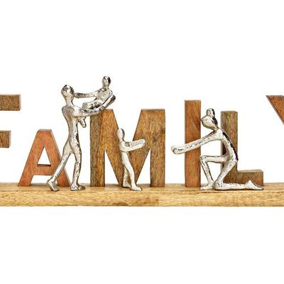 Scritta su supporto, Famiglia, figure in metallo, in legno di mango naturale (L/A/P) 55x21x7 cm
