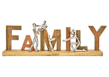 Inscription sur pied, Famille, figurines en métal, en bois de manguier naturel (L/H/P) 55x21x7cm