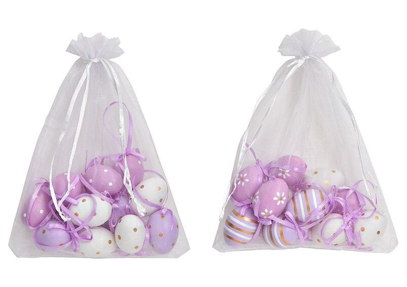 Set di uova di Pasqua da appendere 3x4x3 cm set da 12 in un sacchetto di organza, di plastica viola, bianco 2 volte,