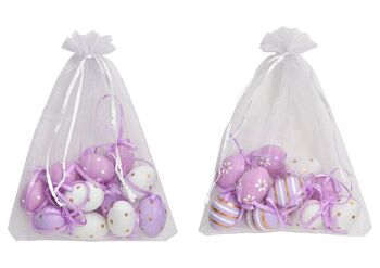 Oeufs de Pâques suspendus set 3x4x3cm lot de 12 dans un sachet en organza, en plastique violet, blanc 2 fois,