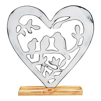 Supporto a cuore, decoro uccello, su base in legno, in metallo bianco (L/A/P) 23x23x5 cm