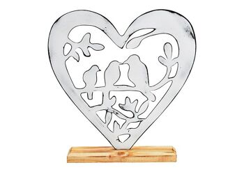 Support coeur, décor oiseau, sur socle en bois, en métal blanc (L/H/P) 23x23x5cm