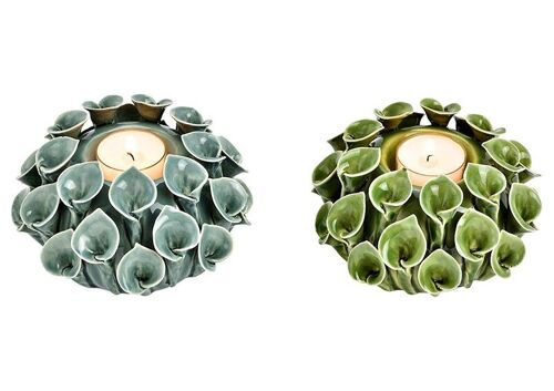 Teelichthalter Blume aus Keramik grün 2-fach, (B/H/T) 13x8x13cm