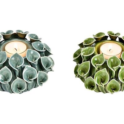 Fiore portacandela in ceramica verde, 2 volte, (L/A/P) 13x8x13 cm