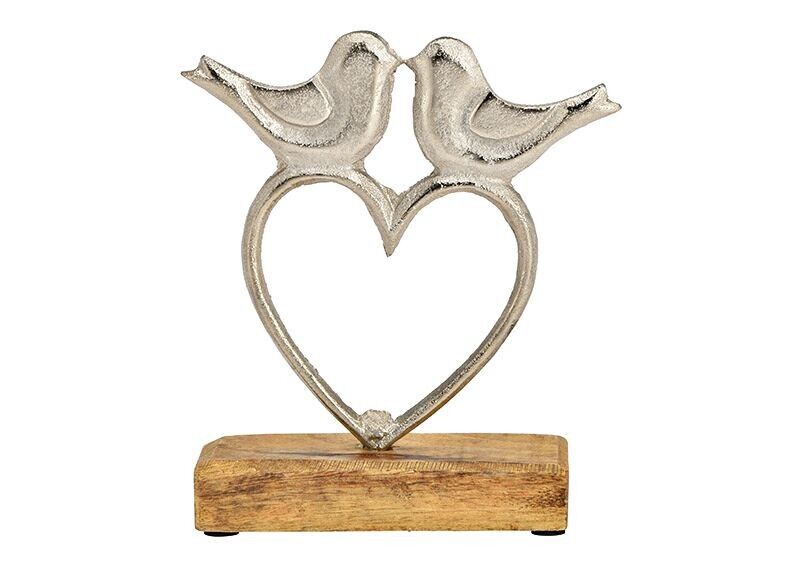 Decorazione a forma di uccello a forma di cuore su base in legno di mango, realizzata in metallo argentato (L/A/P) 15x17x5 cm
