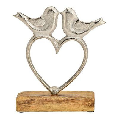 Decorazione a forma di uccello a forma di cuore su base in legno di mango, realizzata in metallo argentato (L/A/P) 15x17x5 cm