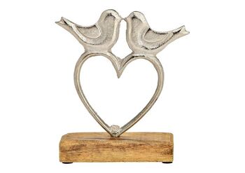 Décor oiseau coeur voyageur sur socle en bois de manguier, en métal argenté (L/H/P) 15x17x5cm