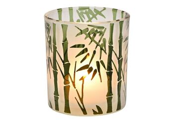 Lanterne décor bambou, en verre vert (L/H/P) 7x8x7cm