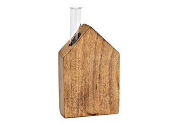 Support de maison avec vase en verre en bois de manguier naturel (L/H/P) 9x18x3cm