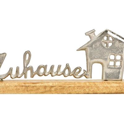 Aufsteller Schriftzug, Zuhause, Haus Dekor auf Mangoholz Sockel, aus Metall silber (B/H/T) 31x12x5cm