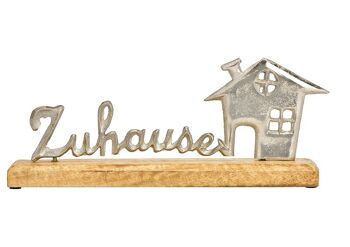 Lettrage d'affichage, maison, décoration de maison sur socle en bois de manguier, en métal argenté (L/H/P) 31x12x5cm