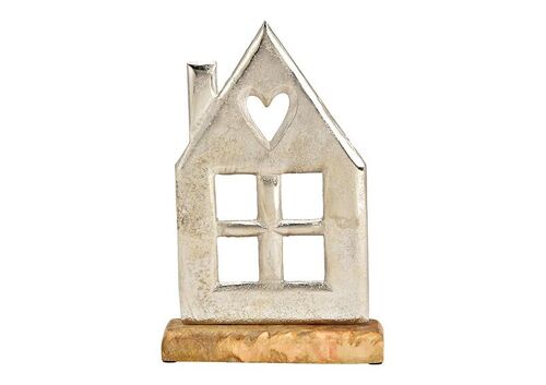 Aufsteller Haus, auf Mangoholz Sockel, aus Metall silber (B/H/T) 17x28x5cm