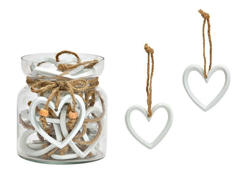 Hänger Herz aus Metall weiß (B/H) 6x6cm 30 Stk. im Glas 10x12x10cm