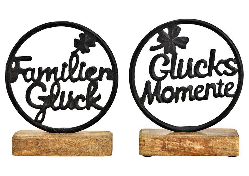 Aufsteller Schriftzug, Glücksmoment, Familienglück, auf Mangoholz Sockel, aus Metall schwarz 2-fach, (B/H/T) 15x17x5cm