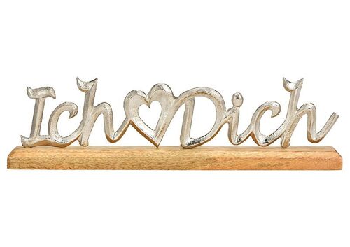 Aufsteller Schriftzug, Ich liebe dich, auf Mangoholz Sockel, aus Metall silber (B/H/T) 41x12x5cm