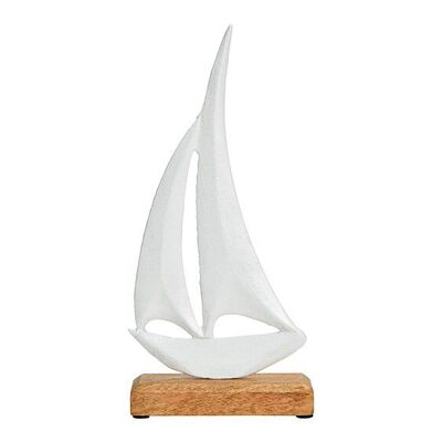 Barca a vela da esposizione su base in legno di mango in metallo bianco (L/A/P) 13x27x5 cm