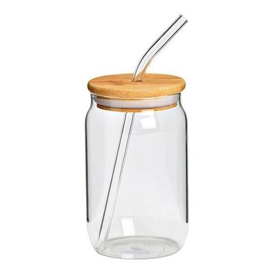 Bicchiere con coperchio in bambù e cannuccia in vetro trasparente (L/A/P) 7x12x7 cm, 350 ml