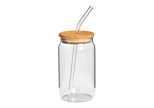 Trinkglas mit Bambusdeckel und Glasstrohhalm aus Glas transparent (B/H/T) 8x13x8cm, 470ml