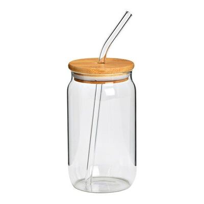 Trinkglas mit Bambusdeckel und Glasstrohhalm aus Glas transparent (B/H/T) 8x13x8cm, 470ml