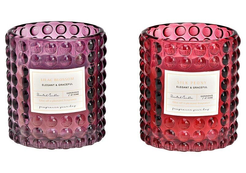 Windlicht mit Duftwachs aus Glas lila 2-fach, (B/H/T) 8x9x8cm