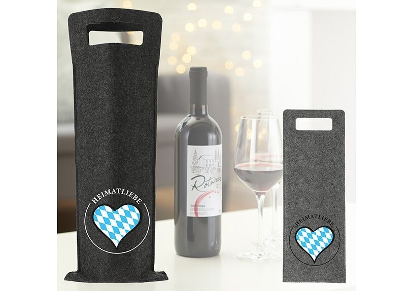 Flaschentasche Wein Heimatliebe aus Filz grau 2-fach, (B/H) 14x41cm
