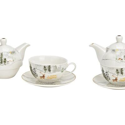 Teapot set winter forest deer decor, Merry Christmas, set of 3, made of porcelain white, gold (W/H/D) 17x15x15cm 200/450ml