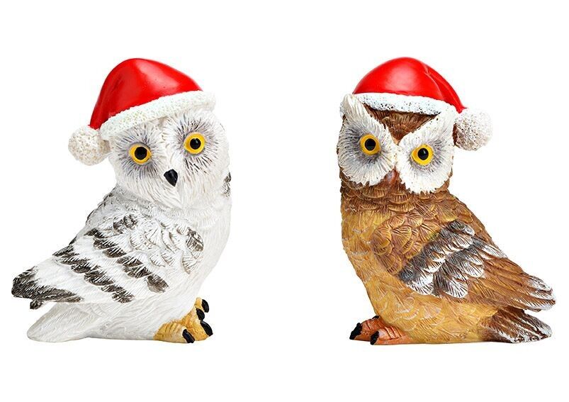 Eule mit Weihnachtsmütze aus Poly braun, weiß 2-fach, (B/H/T) 5x6x3,5cm