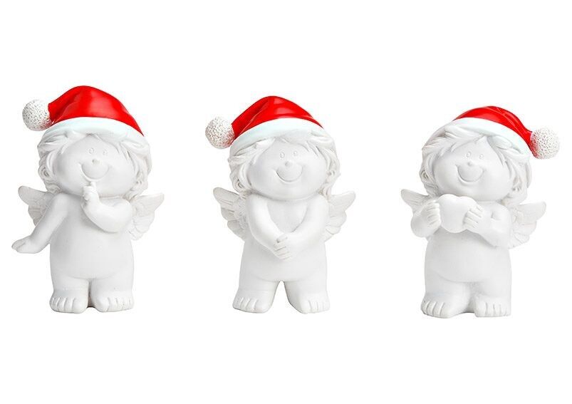 Engel mit Weihnachtsmütze aus Poly weiß 3-fach, (B/H/T) 7x10x6cm