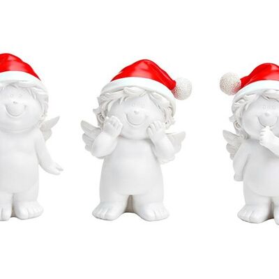 Angelo con cappello natalizio in poliestere bianco, 3 volte, (L/A/P) 12x16x8 cm