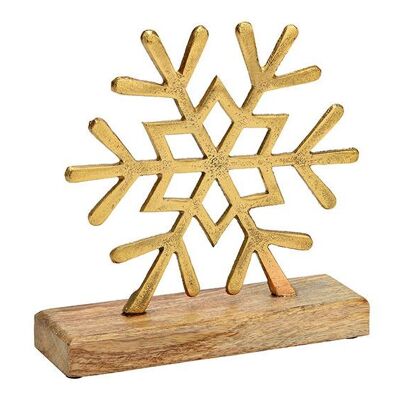 Soporte de copo de nieve sobre base de madera de mango de metal dorado (An/Al/Pr) 18x18x6cm