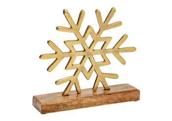 Support flocon de neige sur socle en bois de manguier en métal doré (L/H/P) 22x23x6cm