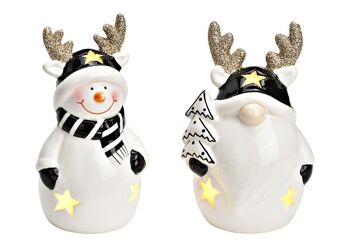 Lutin, bonhomme de neige avec LED en céramique noir/blanc 2 fois, (L/H/P) 8x12x7cm