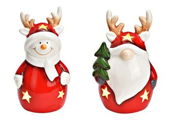 Lutin, bonhomme de neige avec LED en céramique rouge/blanc 2 fois, (L/H/P) 8x12x7cm