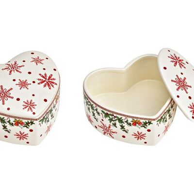 Scatola a forma di cuore, decorazione fiocco di neve in ceramica colorata (L/A/P) 17x9x15 cm