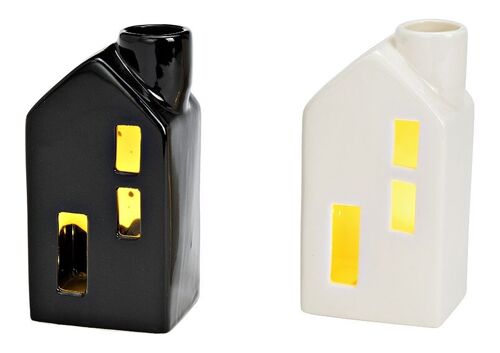 Kerzenhalter Haus mit Licht Batteriebetrieb 3xLR44 nicht enthalten aus Porzellan weiß, schwarz 2-fach, (B/H/T) 6x12x5cm