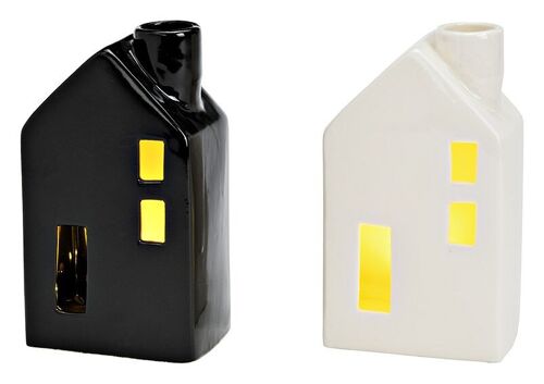 Kerzenhalter Haus mit Licht Batteriebetrieb 3xLR44 nicht enthalten aus Porzellan weiß, schwarz 2-fach, (B/H/T) 8x14x6cm