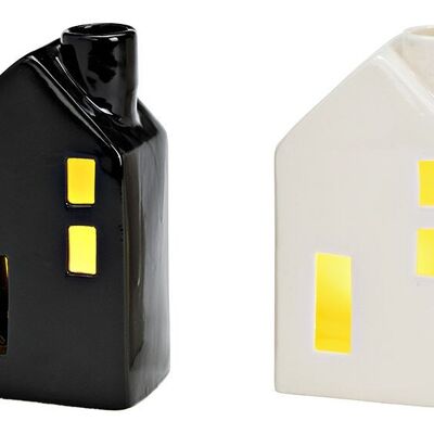 Portavelas casita con luz a pilas 3xLR44 no incluidas de porcelana blanco, negro 2 veces, (An/Al/Pr) 8x14x6cm