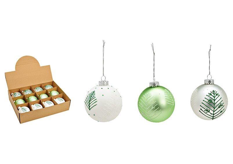 Weihnachtskugel Tannen Dekor aus Glas, 3-fach, Weiß/Grün Ø8cm