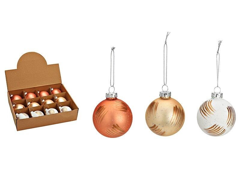 Palla di Natale in vetro, 3 volte, champagne/bianco/rame Ø8cm