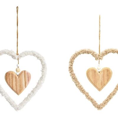 Corazón colgante de madera, metal, textil marrón, blanco 2 veces, (An/Al/Pr) 18x18x1cm