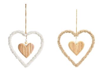 Coeur suspendu en bois, métal, textile marron, blanc 2 fois, (L/H/P) 18x18x1cm