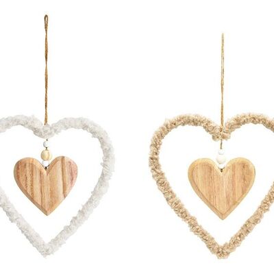 Corazón colgante de madera, metal, textil marrón, blanco 2 veces, (An/Al/Pr) 23x23x1cm